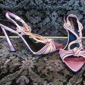 NEW SAINT LAURENT Gippy Leather cording heeled SANDALS Pastel 37